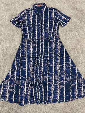 Altuzarra Blue Purple Tie Bye Print Collar Shirt Midi Dress Blue FR 46 US 14